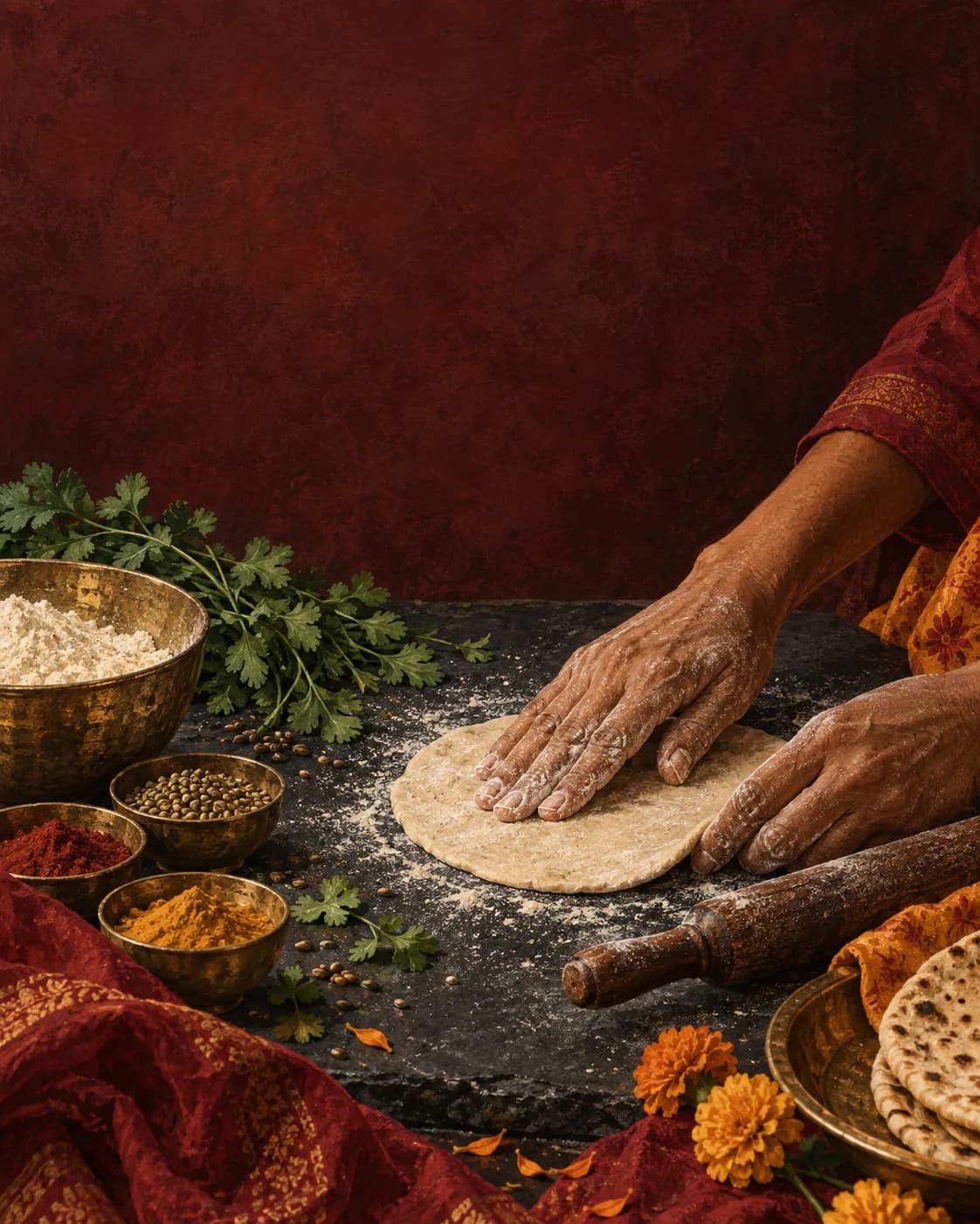 Illustration of hands preparing Indian flatbread with spices