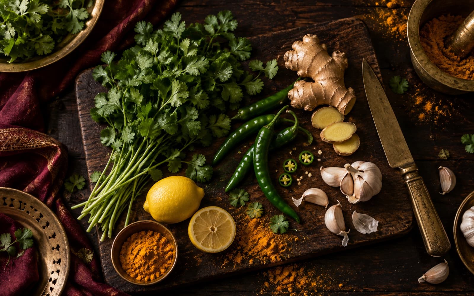 Illustration: fresh herbs, ginger, chillies and garlic