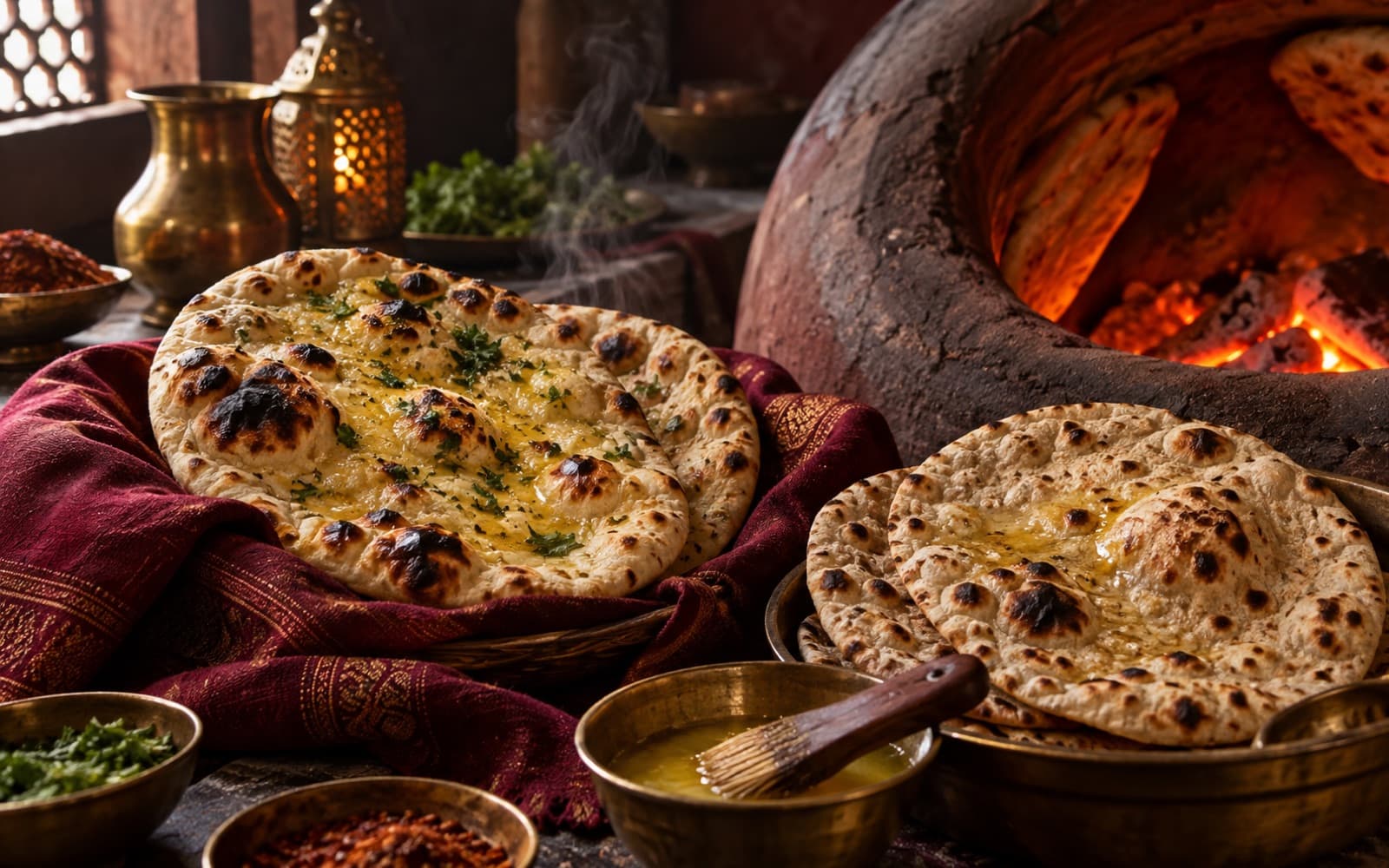 Illustration: fresh naan beside a glowing tandoor oven